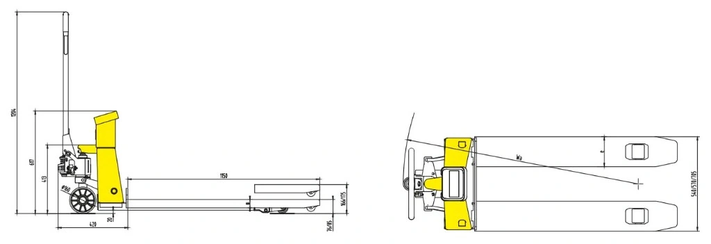 Përmasat e transpaletës me peshore RPVV2500 2500 kg