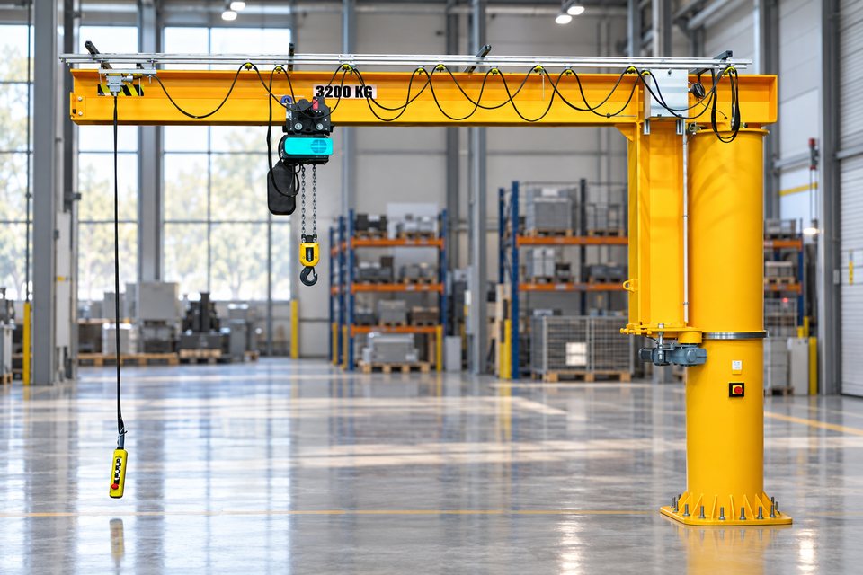 Vinç konsol Comege RSD me kolonë, me rrotullim të plotë dhe me parank elektrik me zinxhir, në një halë industriale